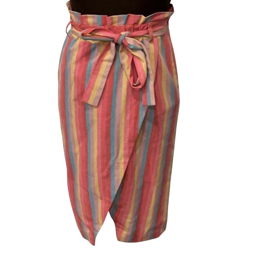Moon River Woman’s Striped Paper bag Waist Faux Wrap Blue Pink Skirt Size S Boho